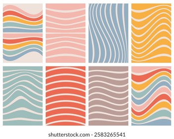 Groovy Hippie Wave Stripe Background. Hand Drawn Striped Rectangle Templates. Distorted Uneven Stripes, Warped Streaks, Fluid Liquid Wavy Lines, Waves Collection psychedelic retro style