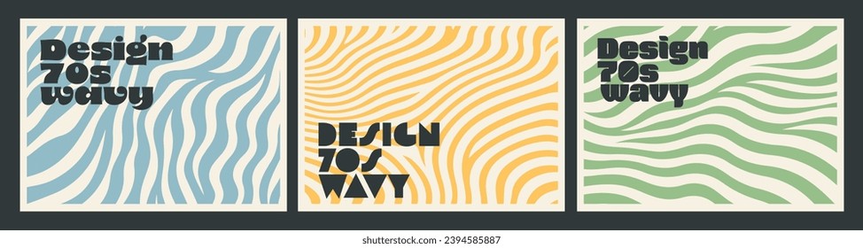 Groovy hippie waves swirl pattern trendy backgrounds twirl 70s. Abstract horizontal twisted and distorted line liquid, zebra texture set vector illustration retro psychedelic Y2k aesthetic style 60s