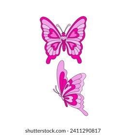 Groovy Hippie whimsical butterflies vector illustration set isolated on white. Pink aesthetic for Valentines Day design. 