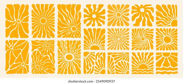 Groovy hippie y2k retro sun or flower background or contemporary summer sunburst banner with abstract organic doodle shape and wavy yellow floral pattern in 70s naive boho style. Groovy sun explosion.