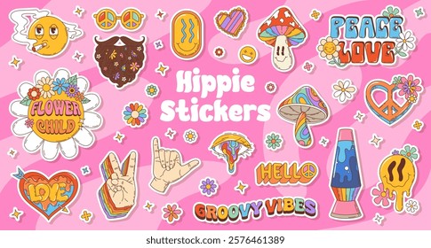 Groovy hippie y2k symbols stickers pack. Retro patches of peace sign, flower power motifs, lava lamp, mushrooms and phrases like flower child and groovy vibes, celebrates free-spirited hippie culture