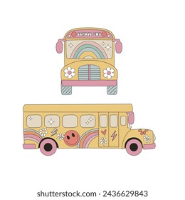 Groovy hippie yellow schoolbus with flowers rainbows smiling faces vector illustration set isolated on white. Retro hand drawn flower power back to school print collection.