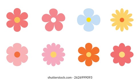 Groovy hippy flowers set. Retro style, pastel colors, flower icon, flat design, hand drawn decorative isolated on White background. Vector illustration.