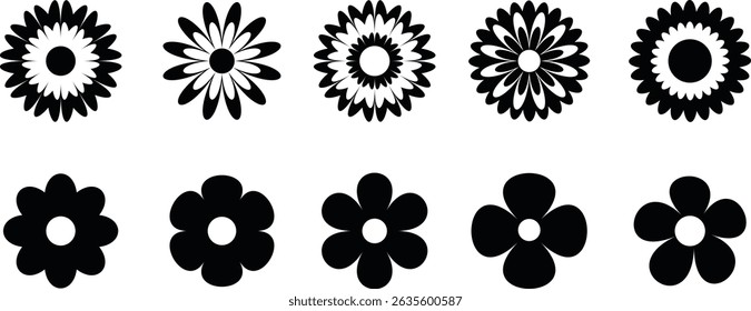 Groovy hippy flowers set. Spring flower vector set. Flower icon, hand drawn decorative. Flowers silhouette. Vector illustration.