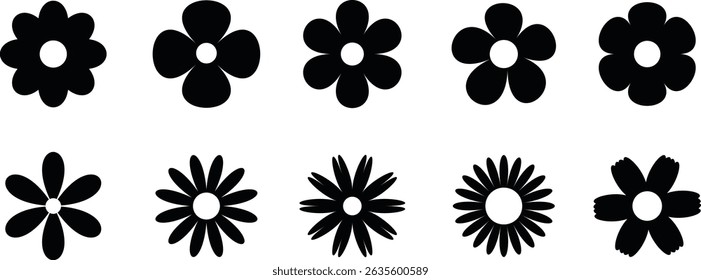 Groovy hippy flowers set. Spring flower vector set. Flower icon, hand drawn decorative. Flowers silhouette. Vector illustration.