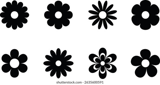 Groovy hippy flowers set. Spring flower vector set. Flower icon, hand drawn decorative. Flowers silhouette. Vector illustration.