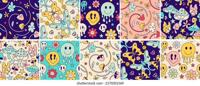 Groovy Hippy Seamless Patterns With Trippy Symbols, Fun Mushrooms, Heart Shaped Peace Symbol, Daisy Flowers.Set Of Vector Backgrounds, Trendy 60s, 70s Retro Hippie Style. Crazy Positive Vibrant Art.