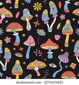 Groovy hippy seamless patterns with trippy mushrooms and flowers on a dark background. Vector backgrounds, trendy 60s, 70s retro hippie style. Crazy positive,  vibrant art.