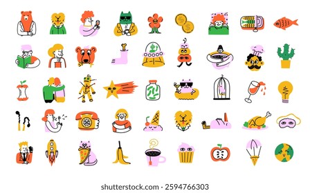 Groovy hipster 90s style avatars stickers illustrations set. Collection of trendy retro doodle illustrations for the patches, stickers, labels, tags, stamps.