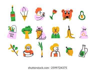 Groovy hipster 90s style avatars stickers illustrations set. Collection of trendy retro doodle illustrations for the patches, stickers, labels, tags, stamps.