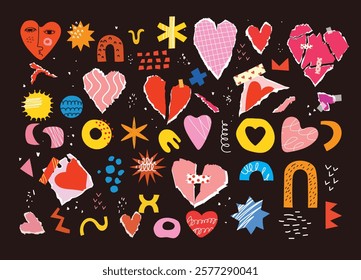 Groovy hipster 90s style hearts stickers for the Valentine's day. Paper cutting hearts, doodle and geometric shapes hearts for the patches, stickers, labels, tags, stamps.