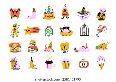 Groovy hipster 90s style stickers illustrations set. Collection of trendy retro doodle illustrations for the patches, stickers, labels, tags, stamps.