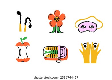 Groovy hipster 90s style stickers illustrations set. Collection of trendy retro doodle illustrations for the patches, stickers, labels, tags, stamps.