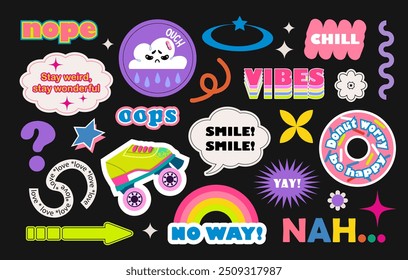 Groovy hipster retro stickers set. Collection of trendy retro patches, stickers, labels, tags, stamps. Nope, chill, vibes, nah, roller-skates, cloud.