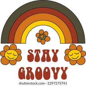 Groovy Hipster retro y2k rainbow with flowers 70s sticker. Sticker  in trendy retro psychedelic cartoon style. Funky illustration in vintage hippy style.