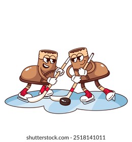 Groovy juego de hockey de dos botas personajes de dibujos animados. Divertido calzado retro jugando con palos y disco. Mascota del ocio del invierno, etiqueta engomada de los jugadores del hockey de la historieta de la Ilustración vectorial del estilo de los años 70 80