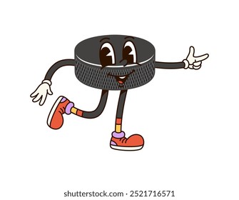 Groovy hockey puck sport character. Isolated cartoon vector playful personage with expressive eyes and colorful sneakers, embodies funky retro vibes for sports competition and tournament on ice rink