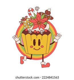 Groovy holiday cupcake mascot in retro cartoon style. Sweet cake for Christmas with festive decoration. Homemade baking. 70s Vibrant hand drawn sticker. Hippie Element for postcard. Vector design.