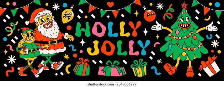 Groovy holly jolly banner with Santa Claus, Christmas tree, gifts, and other design elements in retro vintage cartoon style