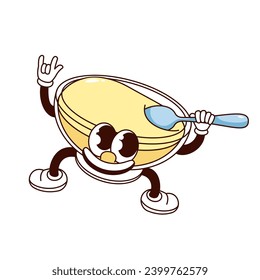 Groovy honey bowl cartoon character with spoon. Funny glass transparent cup with gold sweet liquid and horns gesture. Retro cartoon honey mascot, cold medicine sticker of 70s 80s vector illustration
