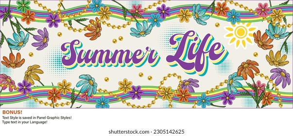 Groovy horizontal banner, header with chamomiles, beads, striped waves, copy space for text, editable graphic font style. Holiday summer concept. Retro 60s, 70s style. Bright vintage illustration