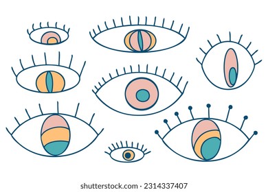 Groovy horizontal tee print with doodle eyes. Retro style vector illustration for decor and design.
