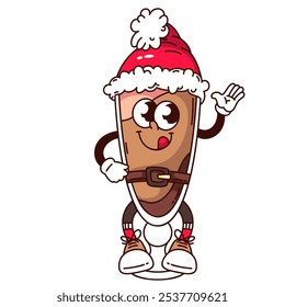 Groovy hot chocolate glass cartoon character with red Santa hat waving. Funny retro cup of hot drink greeting. Christmas mascot, cartoon chocolate beverage sticker of 70s 80s style vector illustration