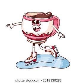 Groovy heiße Tasse Kaffee Cartoon Charakter Eislaufen. Lustige Retro glücklich funky Tasse Schokolade Schlittschuhe auf der Bahn. Winteraktivität, Freizeitmaskottchen, Cartoon-Aufkleber im Stil der 70er und 80er Jahre, Vektorgrafik