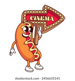 Groovy hot dog cartoon character holding arrow pointer with Cinema text. Funny retro happy sausage in bun pointing on movie party, cinema mascot, cartoon sticker of 70s 80s style vector illustration