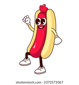 Groovy hot dog character vector illustration. Cartoon isolated retro happy mascot of sausage, ketchup and bun with smile on psychedelic funny face, hot dog with arms and legs walking and waving