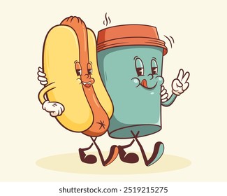 Groovy Hot Dog and Coffee Retro Characters Label. Cartoon Snack and Paper Cup Walking Smiling Vector Street Food Mascot Template. Happy Vintage Cool Fast Food Illustration with Typography Isolated
