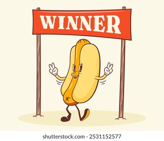 Groovy Hot Dog Winner Retro Character Illustration. Cartoon Hotdog Walking and Smiling under Finish Line Banner. Vector Fast Food Mascot Template. Happy Vintage Street Food Cool Drawing Isolated