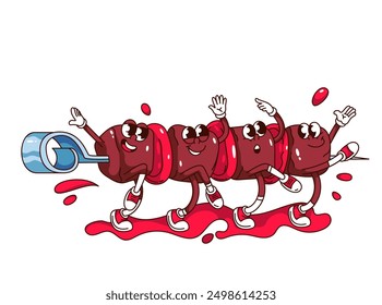 Groovy hot kebab skewer cartoon characters dancing. Funny retro dance of shashlik skewer, barbeque meat mascot, cartoon BBQ beef with tomato sauce sticker of 70s 80s style vector illustration