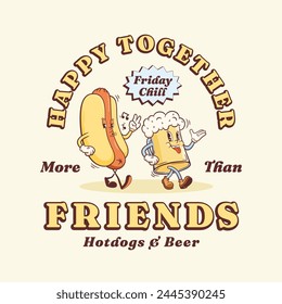 Groovy Hotdog and Beer Mug Retro Character Label Template. Cartoon Sausage, Bun and Drink Glass Walking Smiling Vector Food Mascot Illustration. Happy Vintage Fast Food Rubberhose Style Drawing Emblem