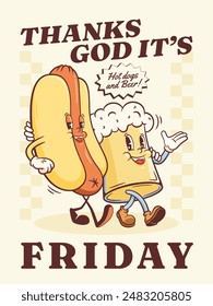 Groovy Hotdog and Beer Mug Retro Character Illustration. Cartoon Sausage, Bun and Drink Glass Walking Smiling Vector Food Mascot Template Happy Vintage Cool Fast Food Poster Drawing
