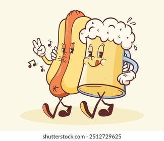 Groovy Hotdog y taza de cerveza ilustración de carácter retro. Dibujos animados Salchicha, bollo y bebida Vidrio Caminando Vector sonriente Comida Mascota Plantilla Feliz Antiguas Comida rápida fresca Estilo de goma Dibujo