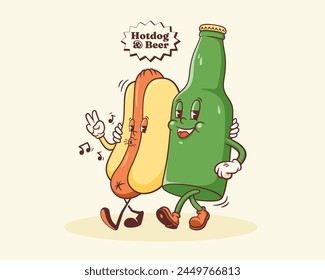 Groovy Hotdog and Beer Retro Character Illustration. Cartoon Sausage, Bun and Bottle Walking Smiling Vector Food Mascot Template Happy Vintage Cool Fast Food Rubberhose Style Drawing