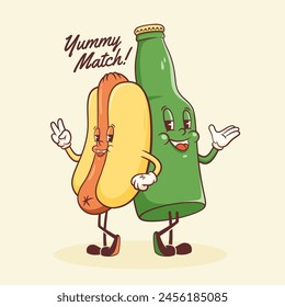 Groovy Hotdog and Beer Ilustración de personaje retro. Embutido de dibujos animados, bollo y botella que camina Vector sonriente comida mascota Plantilla Feliz Antiguas Cool Comida rápida Rubberhouse Estilo Dibujo