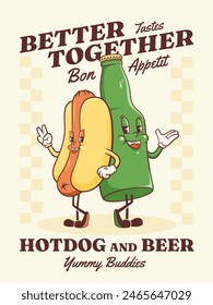 Groovy Hotdog and Beer Retro Character Illustration. Cartoon Sausage, Bun and Bottle Walking Smiling Vector Food Mascot Template Happy Vintage Cool Fast Food Rubberhose Style Drawing
