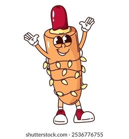 Groovy hotdog with cartoon character with Christmas garland. Funny retro hot dog with sausage inside. Christmas fast food mascot, cartoon happy hotdog sticker of 70s 80s style vector illustration