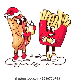 Groovy hotdog cartoon character giving Christmas gift to French fries box. Funny retro happy fast food friends. Christmas party, present mascot, cartoon sticker of 70s 80s style vector illustration