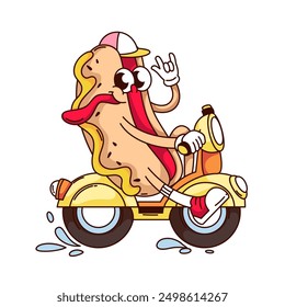 Groovy hotdog cartoon character riding scooter with rock band gesture. Funny retro hot dog with tongue hanging out, BBQ food mascot, cartoon funky hotdog sticker of 70s 80s style vector illustration