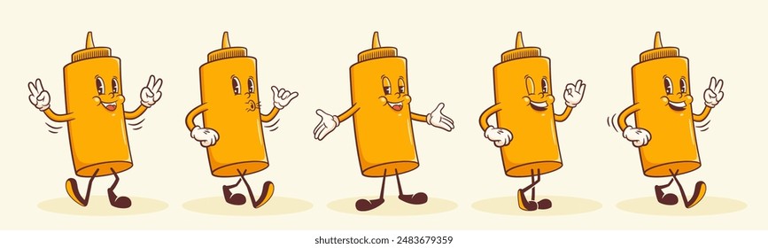 Groovy Hotdog Mustard Retro Character Illustrations Set. Cartoon Bottle Walking Smiling Vector Food Mascot Templates. Happy Vintage Cool Fast Food Rubber Hose Style Drawing. Isolated