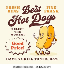 Groovy Hotdog Retro Character Illustration Card. Cartoon Sausage and Bun with Typography Vector Food Mascot Template. Happy Vintage Cool Fast Food Rubberhose Style Drawing. Isolated