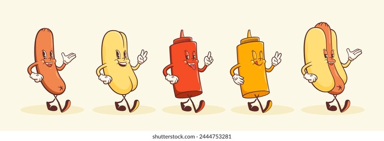 Groovy Hotdog Retro Character Illustrations Set. Cartoon Sausage, Bun and Ketchup Bottle Walking Smiling Vector Food Mascot Template. Happy Vintage Cool Fast Food Rubberhose Style Drawing. Isolated