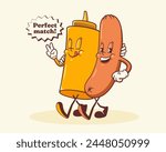 Groovy Hotdog Retro Characters Label. Cartoon Sausage and Mustard Bottle Walking Smiling Vector Food Mascot Template. Happy Vintage Cool Fast Food Illustration with Typography. Isolated