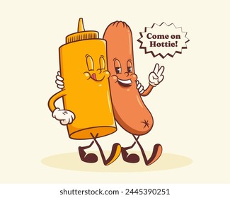 Groovy Hotdog Retro Characters Label. Cartoon Sausage and Mustard Bottle Walking Smiling Vector Food Mascot Template. Happy Vintage Cool Fast Food Illustration with Typography. Isolated