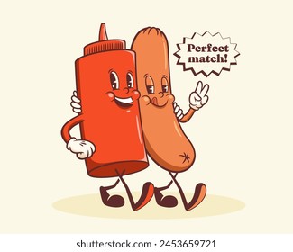 Groovy Hotdog Retro Characters Label. Cartoon Sausage and Ketchup Bottle Walking Smiling Vector Food Mascot Template. Happy Vintage Cool Fast Food Illustration with Typography. Isolated