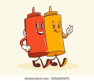 Groovy Hotdog Retro Characters Label. Cartoon Wurst und Senf Flasche Lächelnde Vektorgrafik Essen Maskottchen Vorlage. Happy Klassisch Cool Fast Food Illustration mit Typografie. isoliert