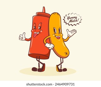 Groovy Hotdog Retro Characters Label. Cartoon Sausage and Ketchup Bottle Walking Smiling Vector Food Mascot Template. Happy Vintage Cool Fast Food Illustration with Typography. Isolated